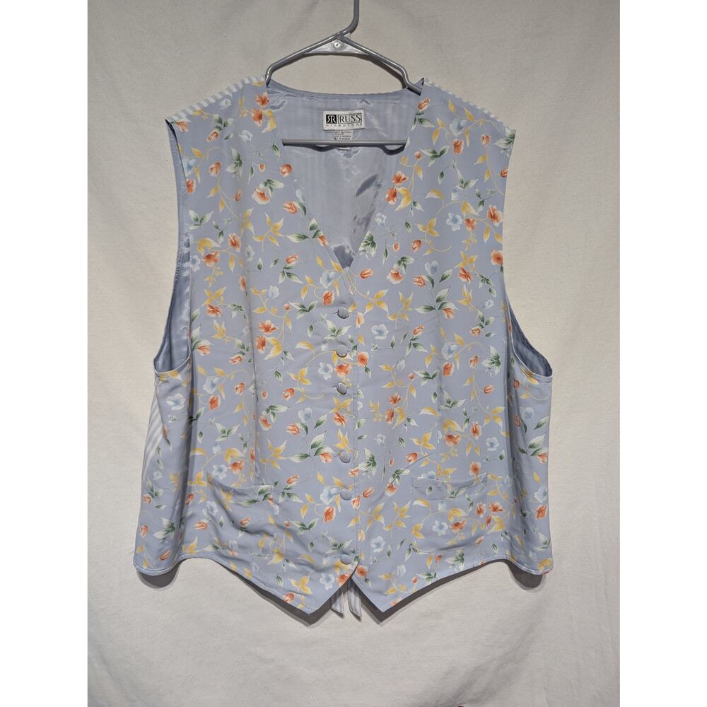 Russ Signature Womens Vtg Floral Vest 24W Baby Blue Lined Pockets Grandmacore‎